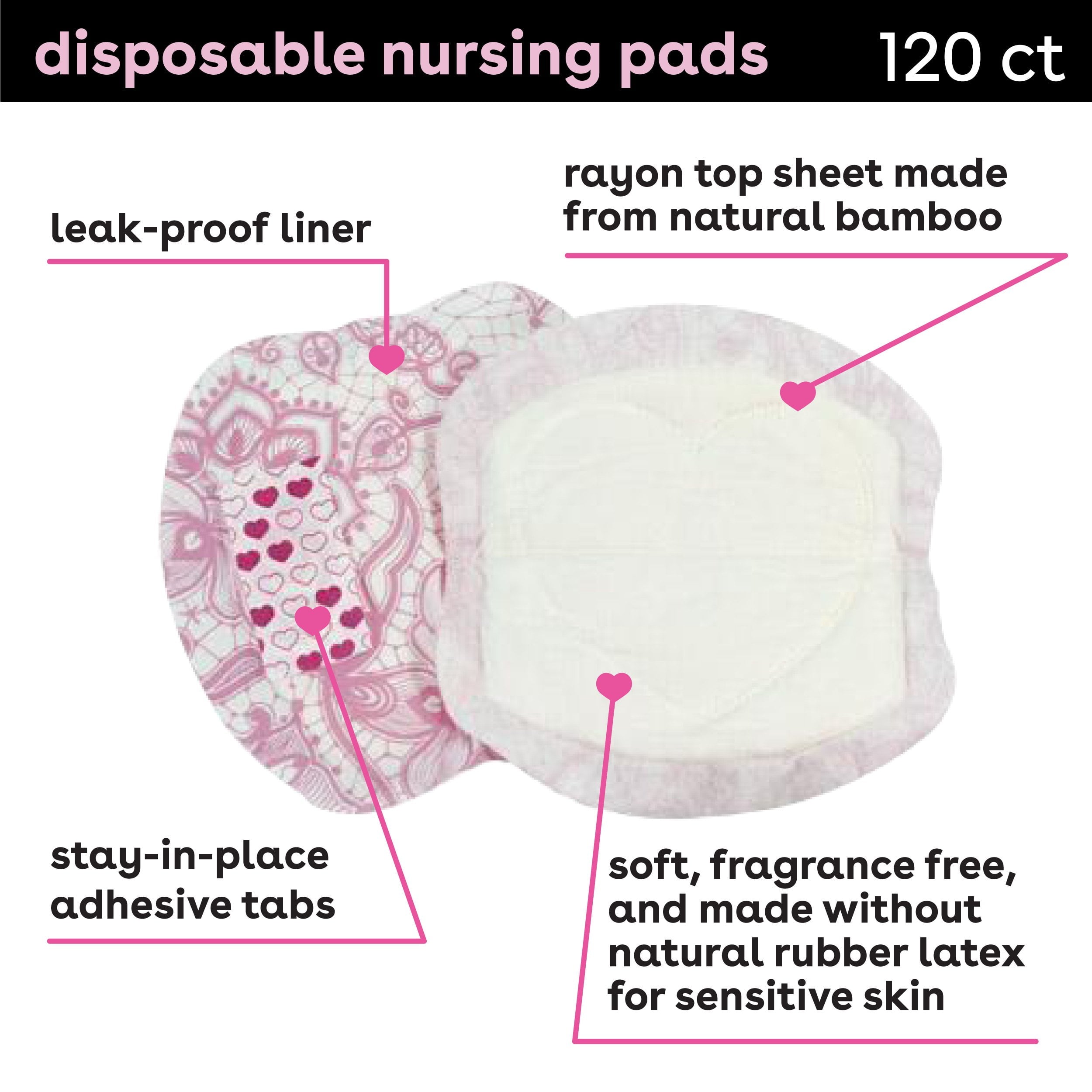 Features disposable nursing pads that include a leak-proof liner with adhesive tabs