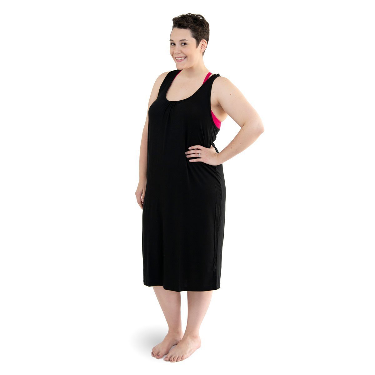 Front of woman wearing black nursing nightgown